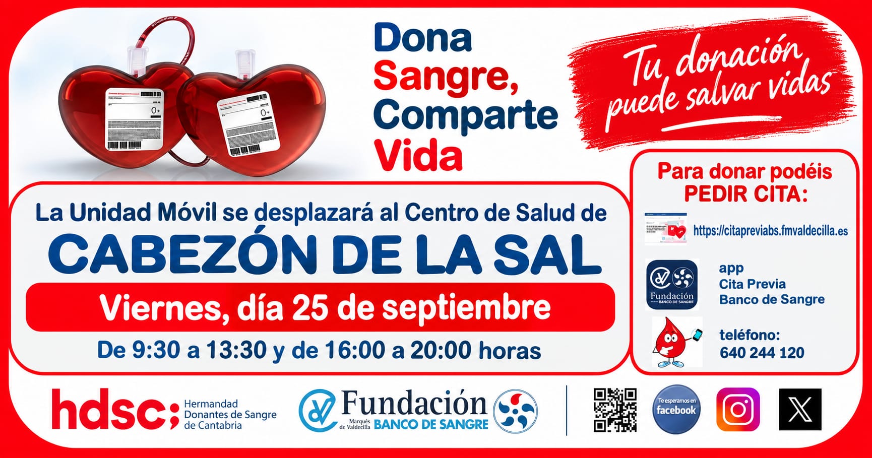 La unidad móvil de donación de sangre estará en Cabezón de la Sal el viernes 25 de septiembre