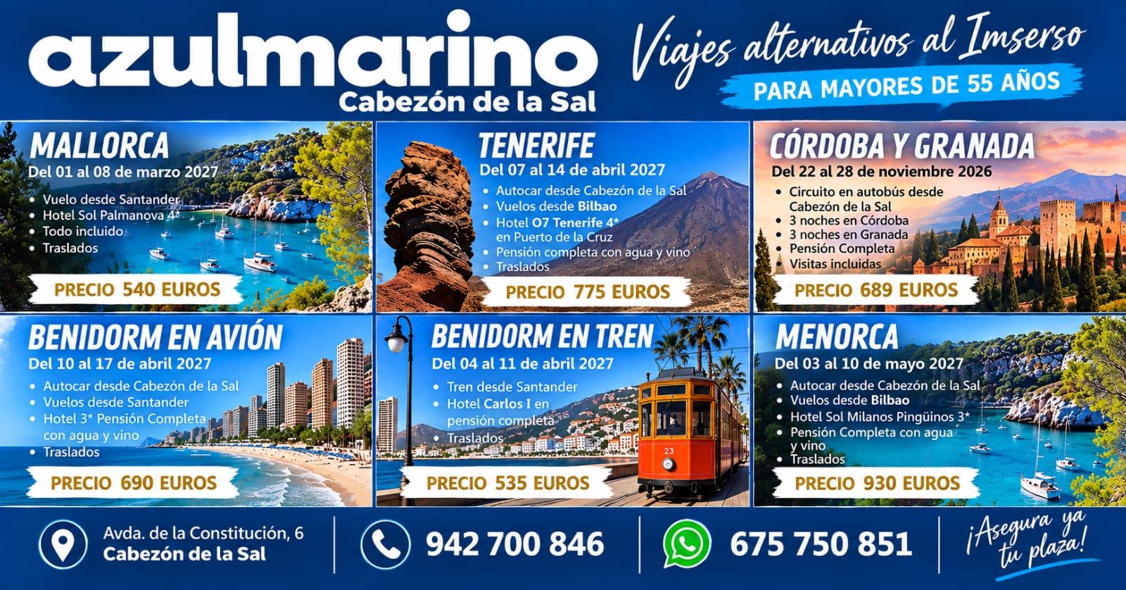Viajes Azul Marino ofrece desde Cabezón de la Sal seis alternativas al Imserso para viajar en 2027