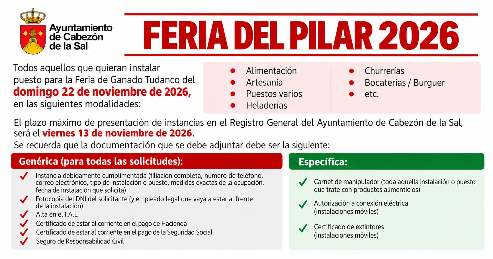 Cabezón de la Sal abre el plazo para solicitar puestos en la Feria del Pilar 2026